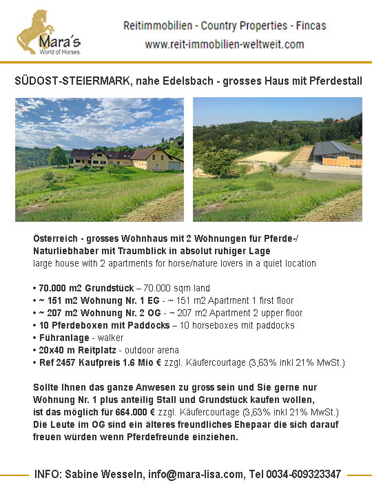 Österreich, Steiermark – grosses Wohnhaus mit Pferdestall und Reitplatz zu verkaufen